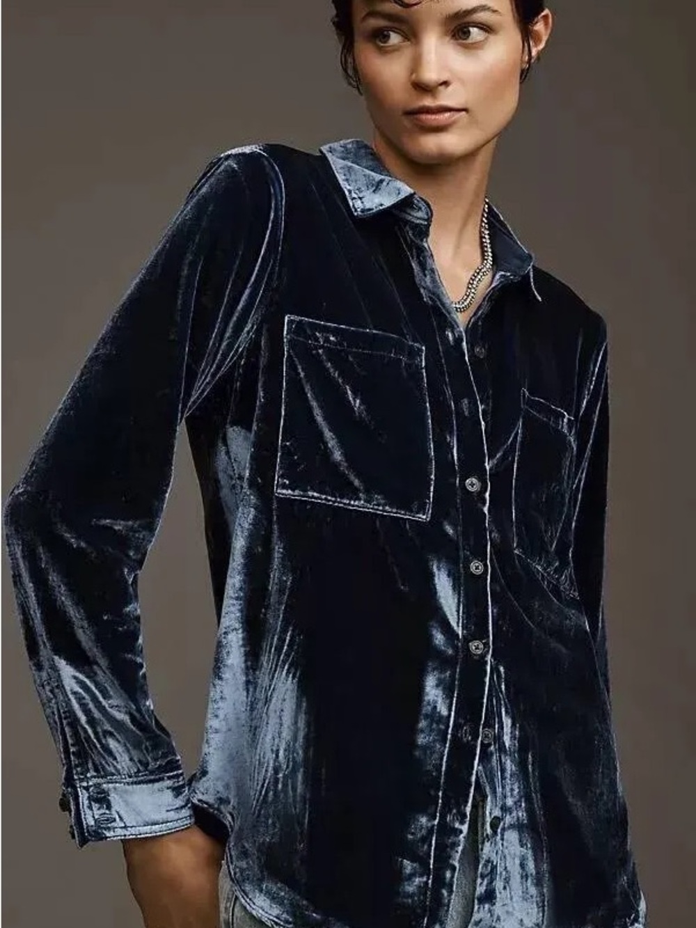 Anthropologie Pilcro Brand Velvet Button-Down Shirt in Blue in Medium